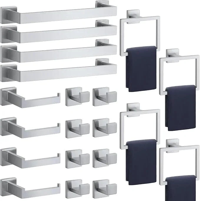 Bathroom Accessories Towel Bar Set: 20 Pieces Brushed Nickel Square Bathroom Hardware SUS304 Stainless Steel - Wall Mounted Towel Rack&Toilet Paper Holder&Towel Ring and Towel Hook - ModernBath