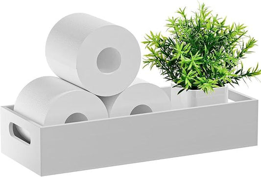 VITVITI Bamboo Toilet Paper Holder Storage, Bamboo Tray for Bathroom with Handle, Toilet Tissue Holder Organizer Basket Container for Toilet Tank/Kitchen Counter, Natural, White - ModernBath