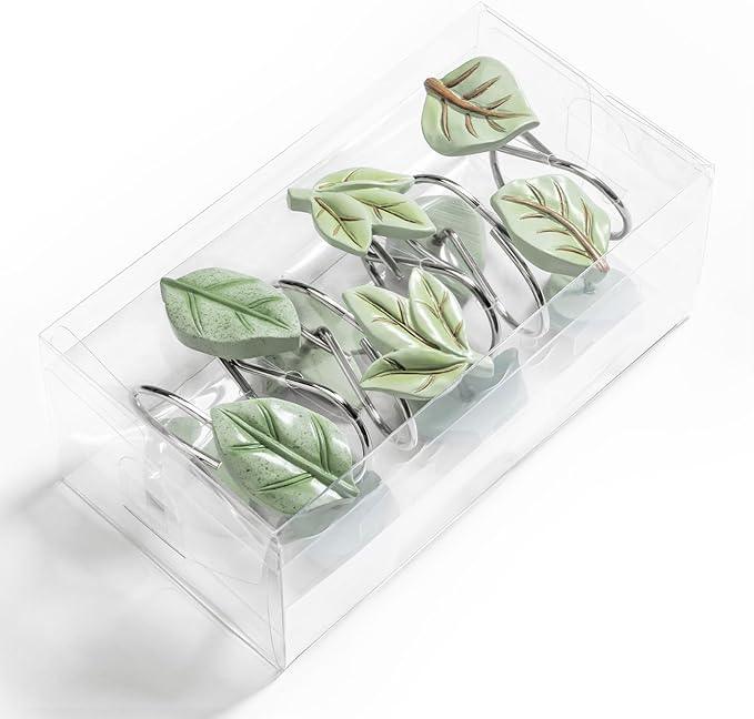 Gibelle 12PCS Leaves Shower Curtain Hooks, Green Plant Leaf Decorative Shower Curtain Hooks Metal Rustproof Cute Eucalyptus Shower Curtain Rings Bathroom Decoration Accessories - ModernBath