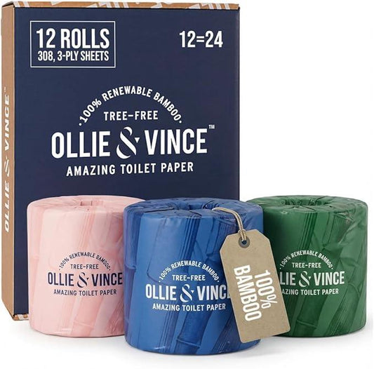 Ollie & Vince Bamboo Toilet Paper | Sustainable, Eco-Friendly, Plastic-Free & Tree-Free, Organic | 12 Rolls, 3-Ply, Soft, Strong & Septic Safe, Unscented | Premium Bathroom Tissue - ModernBath