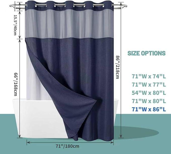 eachope Navy Extra Long No Hook Waffle Weave Shower Curtain with snap-in Liner Replacement, 230GSM Waterproof Fabric Hotel Shower Curtain Set for Bathroom, Through Mesh Top Window,71Wx86H - ModernBath