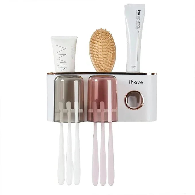 iHave Toothbrush Holders Bathroom Decor with Toothpaste Dispenser, 2 Cups Toothbrush Holder Wall Mounted Bathroom Accessories - ModernBath