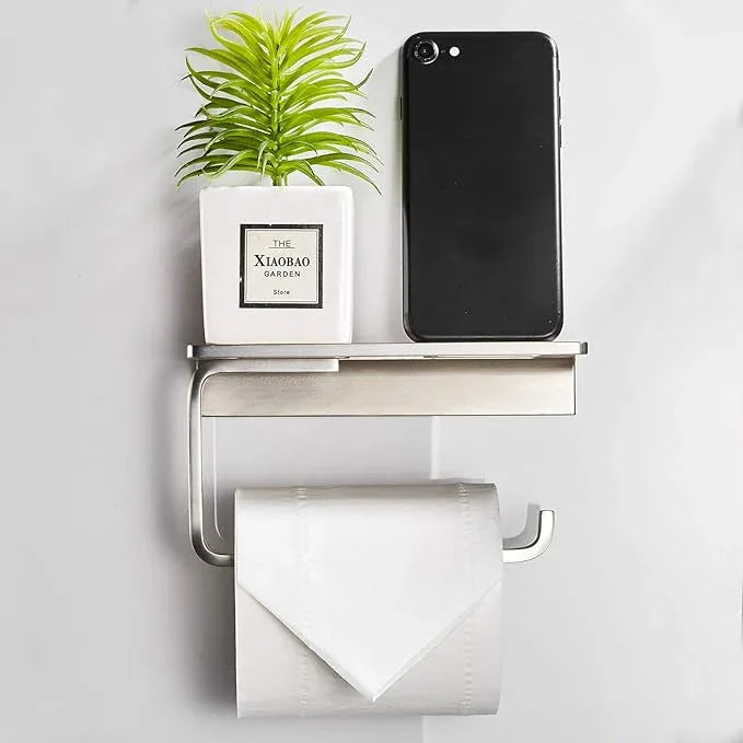 Toilet Roll Paper Holder Bathroom Solid Brass and Superior Hotel Style Wall Mount Tissue Roll Holder with Phone Shelf Brushed Nickel Finished - ModernBath