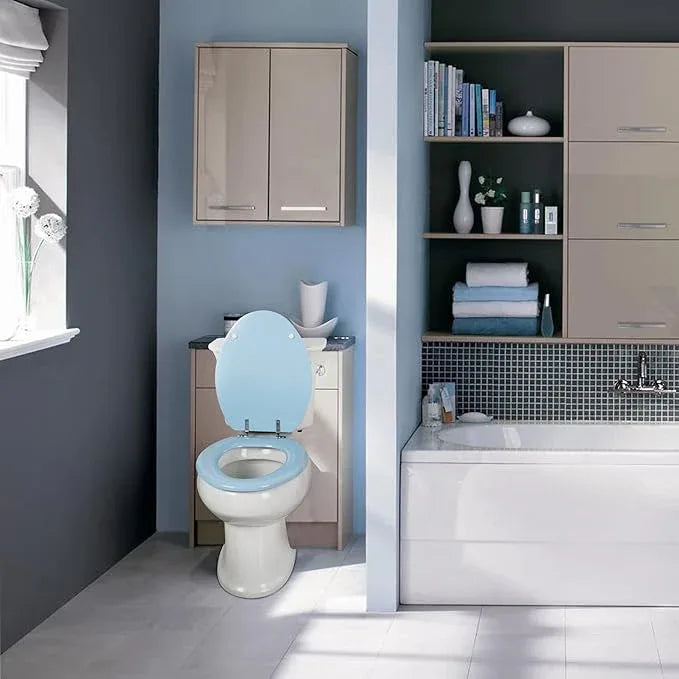 Blue Elongated Toilet Seat Natural Wood Toilet Seat with Zinc Alloy Hinges, Easy to Install also Easy to Clean, Scratch Resistant Toilet Seat by Angol Shiold (Elongated, Blue) - ModernBath