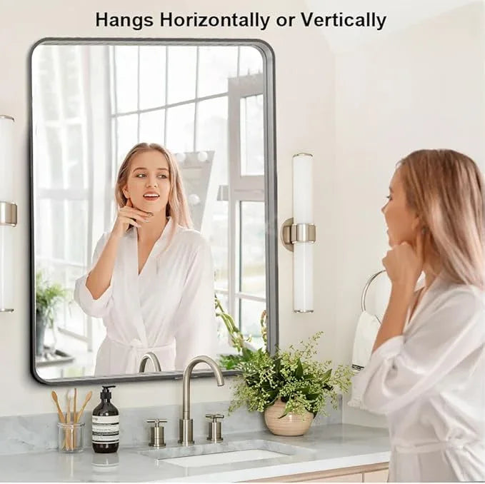 miroro Brushed Nickel 51x30 Inch Metal Framed Mirror for Wall, Large Rounded Rectangle Mirror, Anti-Rust, Tempered Glass, Hangs Horizontally or Vertically - ModernBath