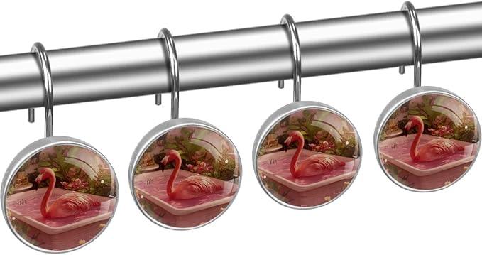 Pink Bathing Flamingo Shower Curtain Hooks, 12Pcs Decorative Rust Resistant Shower Rings for Shower Curtain Rods, Stainless Steel Round Curtain Hooks for Bathroom, Bedroom - ModernBath