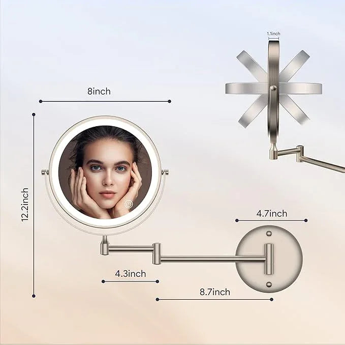 Rocollos Rechargeable Wall Mounted Lighted Makeup Mirror, 8 Inch Double-Sided LED Vanity Mirror 1X/10X Magnification,3 Color Lights Touch Screen Dimmable 360°Swivel 13 Inch Extendable - ModernBath