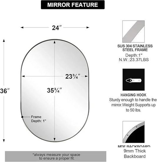ANDY STAR Chrome Bathroom Mirror 24x36, Chrome Mirror Oval, Polished Silver Bathroom Mirror, Oval Mirrors Stainless Steel Frame Deep 1’’ Hang Vertical or Horizontal - ModernBath