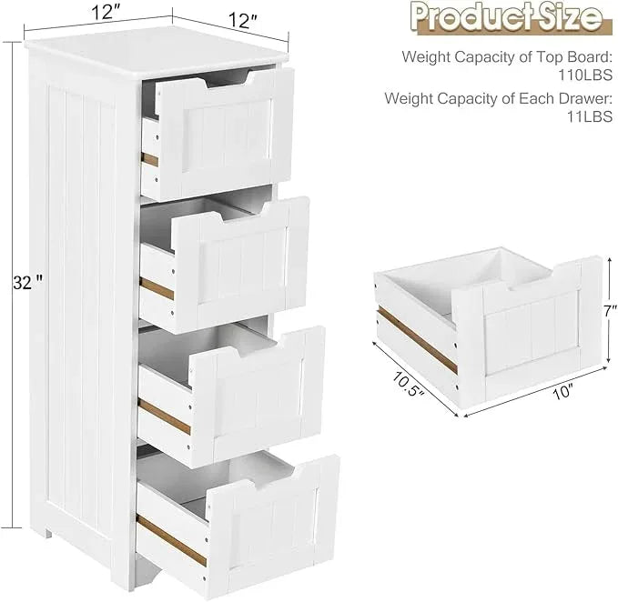 Tangkula Bathroom Floor Cabinet with 4 Drawers, 12 x 12 x 32 Inch, Freestanding Storage for Bath Living Room, Wooden Bathroom Cabinet for Home Office (White) - ModernBath