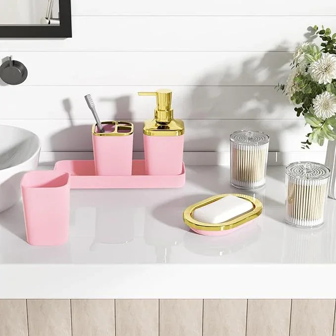 XLHOMO Pink Bathroom Accessories Set, Pink and Gold Bathroom Accessories with Trash Can, Soap Dispenser, Soap Dish, Toothbrush Holder and Q-tip Holders - ModernBath