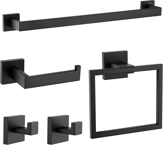 Bathroom Hardware Set Matte Black,16-inch Towel Rack 304 Stainless Steel 5-Piece Bathroom Accessories Kit Wall Mounted Include Towel Ring,Toilet Paper Holder,Robe Hook - ModernBath