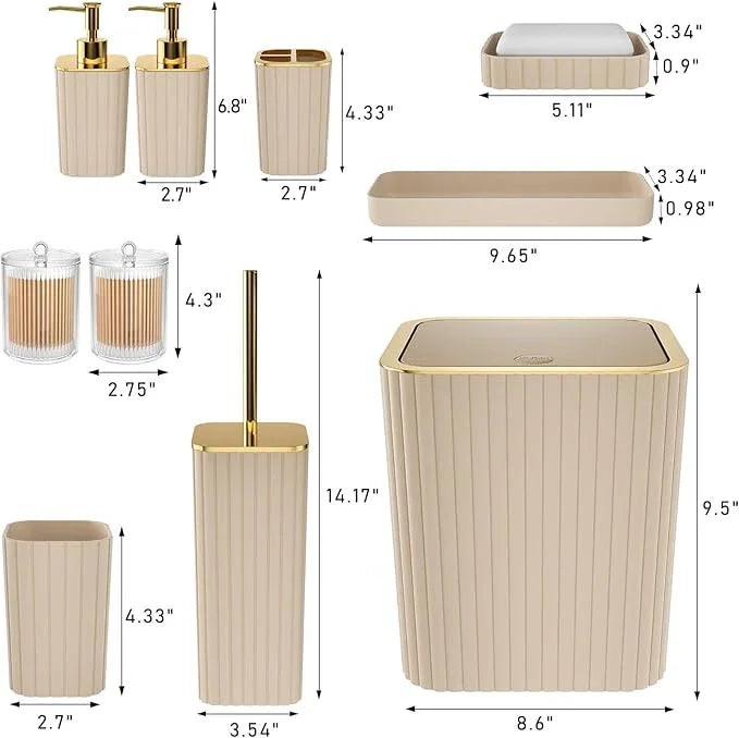 XLHOMO Bathroom Accessories Set - Gorgeous Bathroom Set, 10PC Beige Bathroom Accessory Set, Toilet Brush, Trash Can & Soap Dispenser - ModernBath