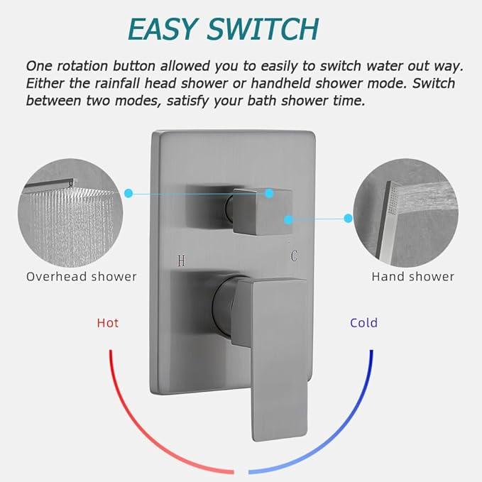 Heable Brushed Nickel Shower System 12 Inches Bathroom Luxury Rain Shower Head with Handheld Combo Set Wall Mounted High Pressure Rainfall Shower Head System Shower Faucet with Valve and Trim Kit - ModernBath
