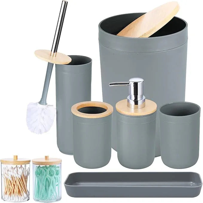 iMucci 9Pcs Grey Bathroom Accessories Set with Trash Can,Toilet Brush,Toothbrush Holder, Lotion Soap Dispenser, Soap Dish,Toothbrush Cup,Vanity Tray,Qtip Holder - ModernBath