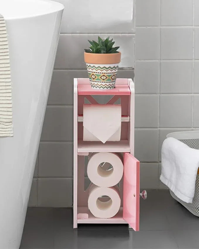 AOJEZOR Toilet Paper Holder Stand: PVC Freestanding Cabinet Storage for Small Bathroom Spaces for Homes and Renters-Jelly Pink - ModernBath