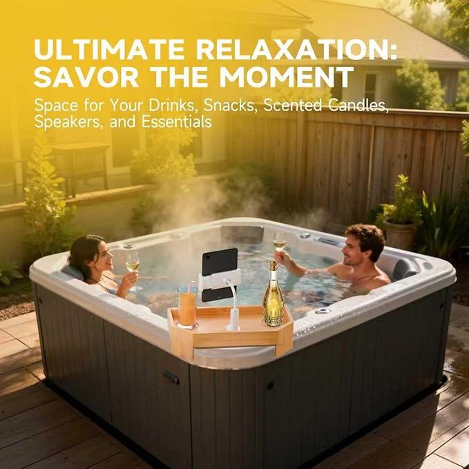 POOLCOMFT Bamboo Hot Tub Tray with Adjustable Phone Holder, Non-Slip Bath Table Tray with Card & Scented Candle - Spa Gift Set for Hot Tub Owners, Women, Parents - Unique Valentines Birthday Gift Idea - ModernBath