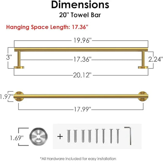 FORIOUS Towel Bar Wall Mounted, Stainless Steel Towel Racks for Bathroom, Includes Wall Mounting Hardware (Brushed Gold, 20 Inch) - ModernBath