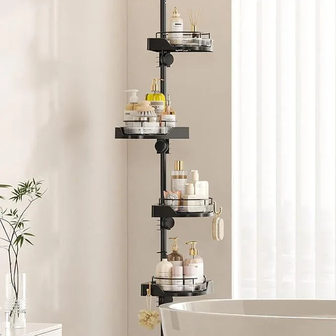 akinbas Shower Caddy Tension Pole with 4 L-Lazy Susan Organizer 360 Rotating 35-128 Inch No Drilling Floor Standing Shelves Adjustable Shower Rack for Bathroom Corner (Black) - ModernBath