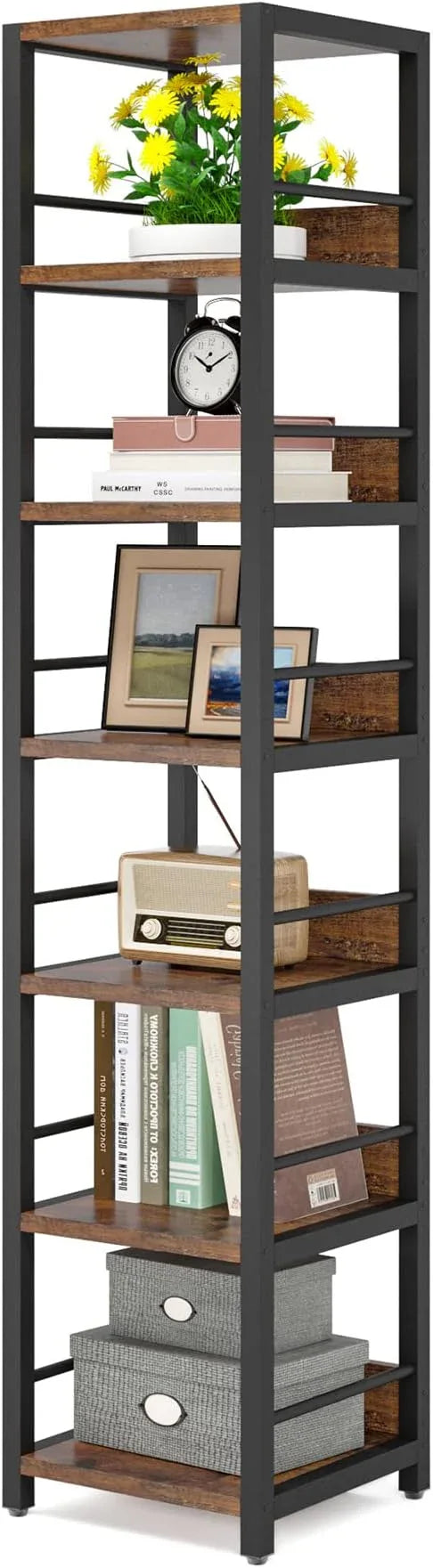 Tribesigns 6-Tier Corner Shelf, 75 Inch Tall Narrow Bookshelf Storage Rack, Etagere Shelves Display Stand for Small Spaces, Rustic Open Bookcase Square Shelf Tower for Living Room Bathroom - ModernBath