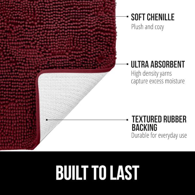 GORILLA GRIP Bathroom Rug Sets 3 Piece, Bath Mat Set and Oval Toilet Base with Rubber Backing, Plush Absorbent Shaggy Chenille Washable Mats, Includes 24x19.5, 24x17 and 30x20 Inch Rugs, Burgundy - ModernBath