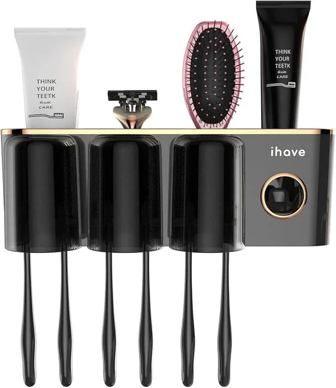 iHave Toothbrush Holders Bathroom Accessories with Toothpaste Dispenser, 3 Cups Toothbrush Holder Wall Mounted Bathroom Decor - ModernBath