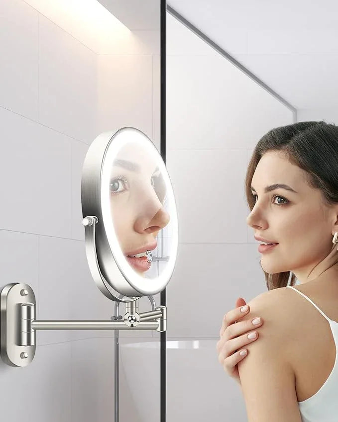 vpu 9" Wall Mounted Makeup Mirror with Light, 20X/1X Height Adjustable Double Sided Magnifying Bathroom Lighted Mirror, 3 Color Touch Dimmable Extended Arm 360 Rotation Light up Magnification Mirrors - ModernBath