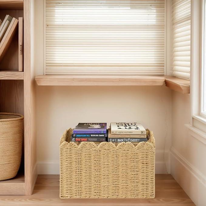 Handwoven Khaki Paper Rope Magazine Holder with Scalloped Edge –Toilet Paper Storage Basket Decorative Storage Basket for Magazines, Newspapers, Mail, Living Room, Bathroom & Office - ModernBath