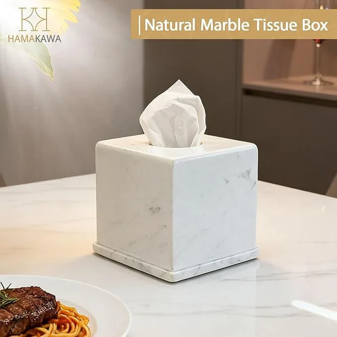 HAMAKAWA Natural Marble Tissue Box Cover, Volakas White Tissue Organizer 6 x 6 x 5.7 inch, Heavy Stone Decorative Box, Square Tissue Box Holder for Home Decor, Kitchen, Bathroom, Bedroom - ModernBath