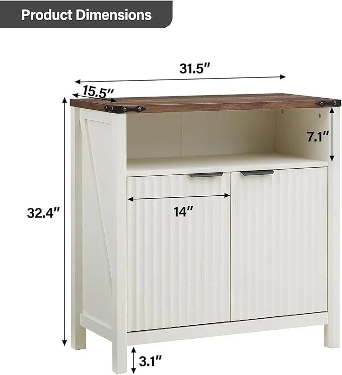 Buffet Cabinet with Storage - Modern Farmhouse Rustic 32 Fluted Sideboard Storage Cabinet Buffet with Adjustable Shelves, Coffee Wine Bar Organizer for Dining Room (Antique White) - ModernBath