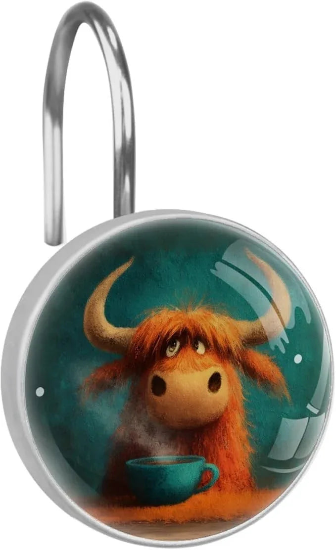 Cartoon Yak Rust Proof Shower Curtain Hooks 12Pcs for Bathroom Shower Rod, Decorative Shower Hooks Shower Curtain Hanger Rings Roller, Glass, Resin, Stainless Steel - ModernBath