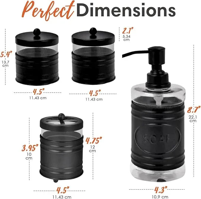 Autumn Alley Farmhouse Matte Black Bathroom Accessories Set (4 PCS) - Lotion Soap Dispenser, Black Toothbrush Holder Set, 2 Glass Apothecary Jars (Qtip Holder) - Rustic Bathroom Accessories Set - ModernBath
