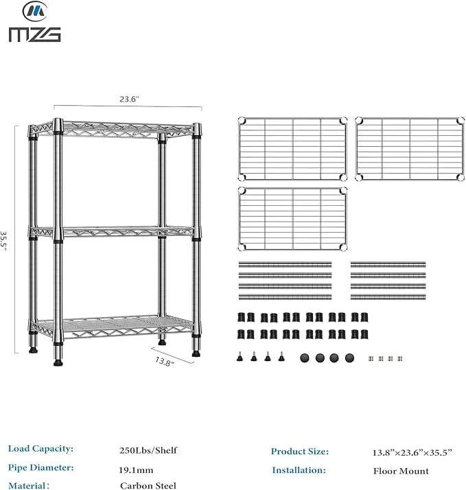 750 lbs 3 Tier Shelf Metal Storage Shelves Shelving Wire Rack Heavy Duty Closet Organizers for Garage Kitchen Bathroom Laundry Chrome 13.8" D x 23.6" W x 35.5" H - ModernBath