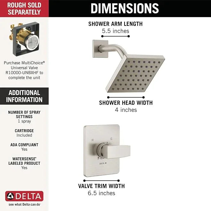 Delta Modern 14 Series Shower Faucet Set, Brushed Nickel Shower Head and Handle Set, Valve Trim Kit, Stainless T14267-SS-PP (Valve Not Included) - ModernBath