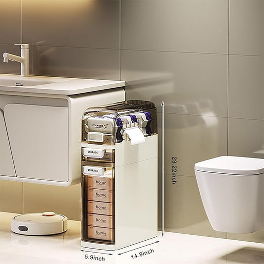 PULNDA 3-Tiers Slim Narrow Bathroom Storage Cabinet with Drawers, Waterproof Skinny Bathroom Storage Floor Cabinet with Tissue Box and Wheels for Small Spaces