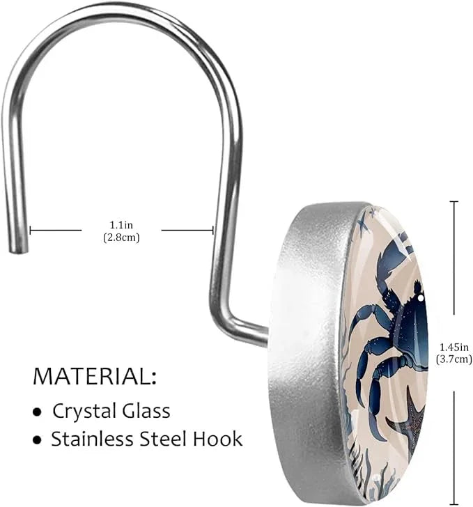 Retro Ocean Crab Shower Curtain Hooks, 12Pcs Decorative Rust Resistant Shower Rings for Shower Curtain Rods, Stainless Steel Round Curtain Hooks for Bathroom, Bedroom - ModernBath