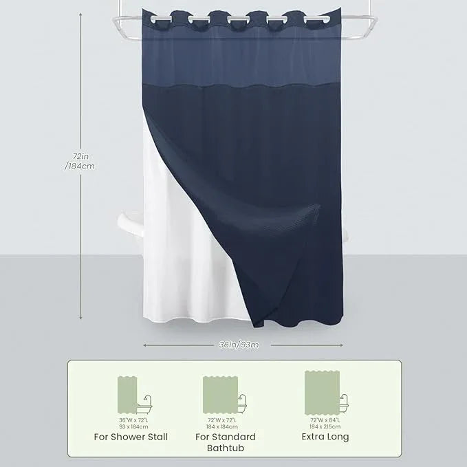 Inhousolu Stall No Hook Shower Curtain with Snap in Fabric Liner Set Waffle Weave 230GSM Weighted Hem, Waterproof & Washable Bathroom Curtain Spa Luxury with Mesh Top Window 36" W x 72" L Navy Blue - ModernBath