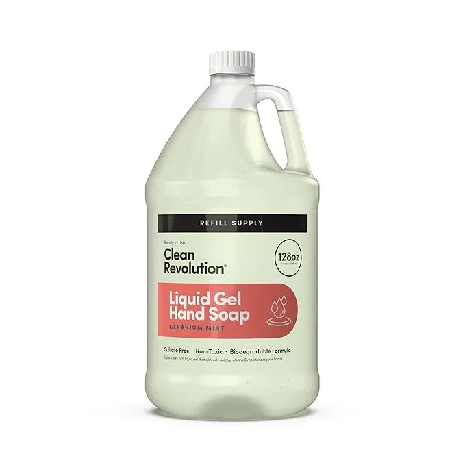 Clean Revolution Liquid Gel Hand Soap, Silky Rich Liquid, Quick Lather, Fast Rinsing, Contains Real Essential Oils (Geranium Mint) 128 Fl Oz - ModernBath