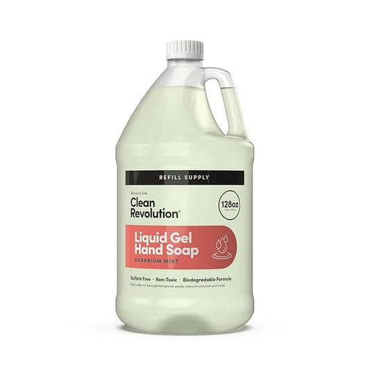 Clean Revolution Liquid Gel Hand Soap, Silky Rich Liquid, Quick Lather, Fast Rinsing, Contains Real Essential Oils (Geranium Mint) 128 Fl Oz - ModernBath