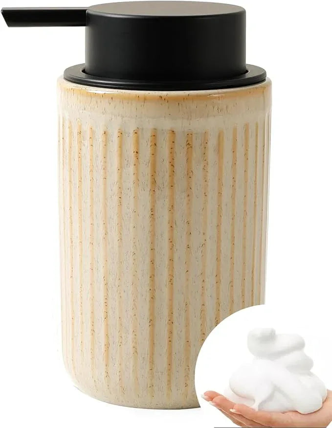 BosilunLife Foam Hand Soap Dispenser - Ceramic Foaming Soap Dispenser for Bathroom 12oz Refillable Liquid Lotion Soap Dispenser with Rust-Proof Foaming Pump for Countertop, Greige - ModernBath