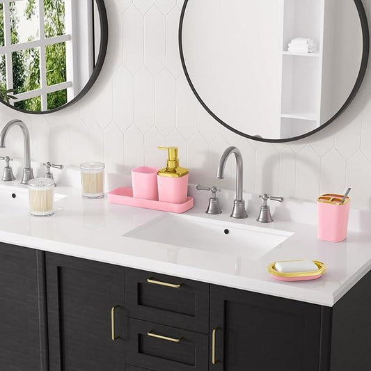 XLHOMO Pink Bathroom Accessories Set, Pink and Gold Bathroom Accessories with Trash Can, Soap Dispenser, Soap Dish, Toothbrush Holder and Q-tip Holders - ModernBath