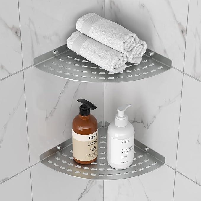 2 Pack Corner Shower Shelves 304 Stainless Steel Shower Corner Shelf Brushed Nickel Bathroom 8 in Prevent Rust Drilling Installation - ModernBath