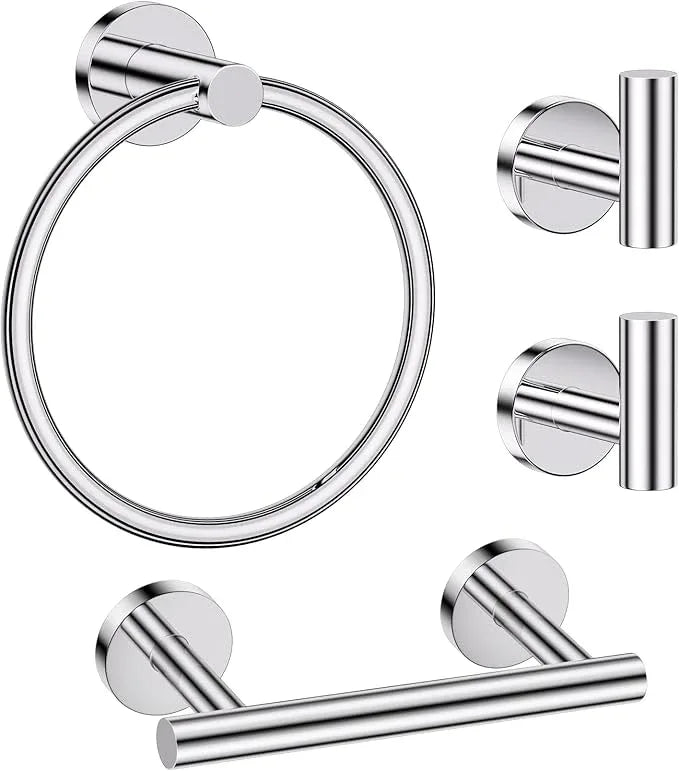 Polished Chrome Bathroom Hardware Set, 4-Piece Towel Holder Set Include Double Bases Toilet Paper Holder,Towel Ring and 2 Towel Hooks Stainless Steel Wall Mounted Bathroom Hardware Accessories Set - ModernBath