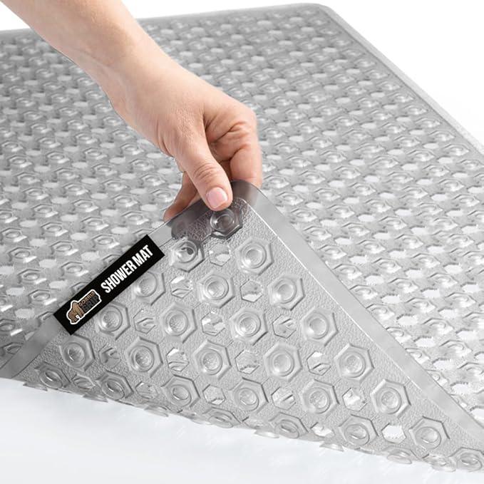 GORILLA GRIP Patented Bath Tub Shower Mat, Machine Washable Bathtub Floor Liner Mats, Suction Cups and Drain Holes to Keep Tubs Clean, Soft on Feet, Bathroom Essentials, 35x16 Inch, Clear Gray - ModernBath