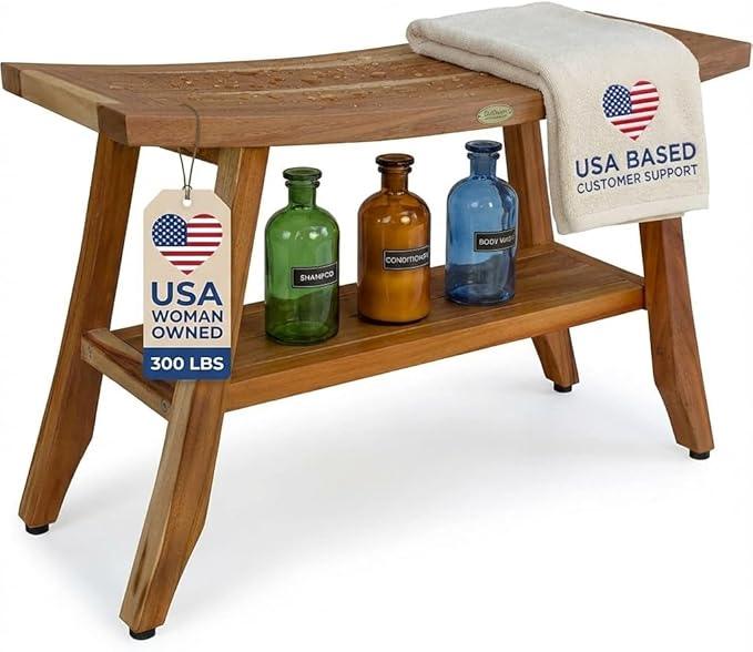 EcoDecors 34 Inch Satori Natural Teak Waterproof Teak Wood Shower Bench Stool Seat Chair For Inside Shower Provides Safety, Storage, and Organization For Bathroom Accessories - ModernBath