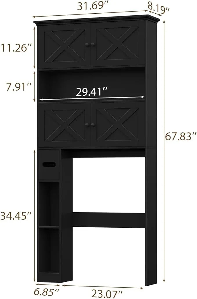 Over The Toilet Storage Cabinet, Farmhouse Storage Cabinet Over Toilet with 4 Barn Doors & Toilet Paper Holder Stand, Black Toilet Shelf Home Space Saver for Restroom, Bathroom, Laundry - ModernBath