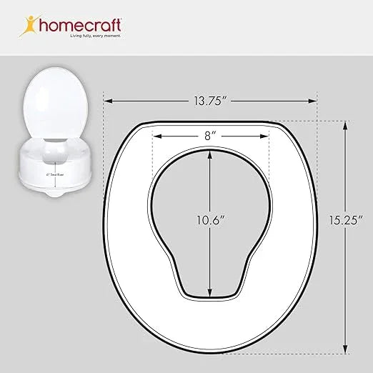 Homecraft Savanah Raised Toilet Seat with Lid, 6" Elevated Seat for Seniors, Universal Fit for Most Standard Toilets, Portable & Tool-Free, Seat Riser, Ergonomic Design, White - ModernBath