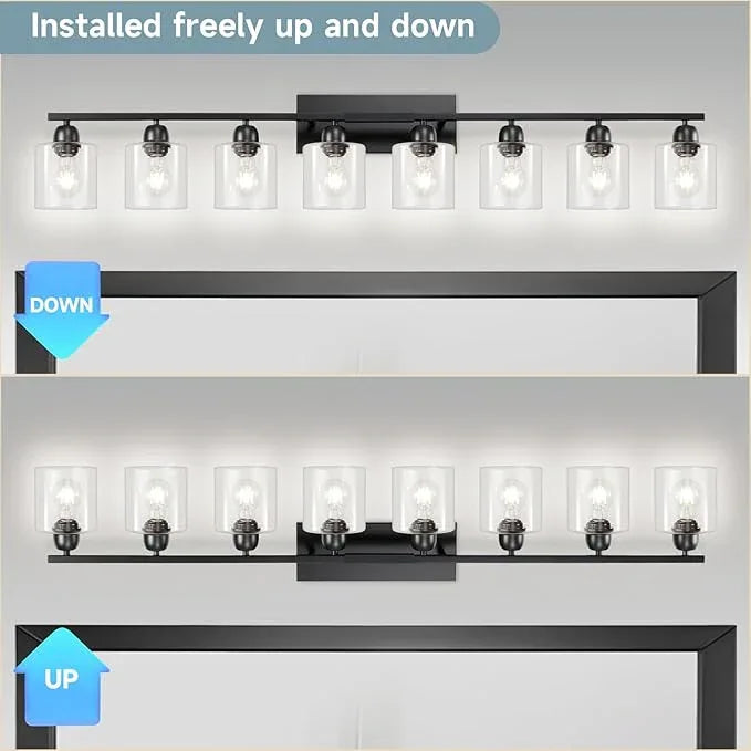 FAISHILAN Modern 8 Light Bathroom Light Fixtures, 52 inch Vanity Lights for Bathroom with Clear Glass, Black Bathroom Light Fixture for Mirror Kitchen Living Room Hallway Cabinet Porch - ModernBath