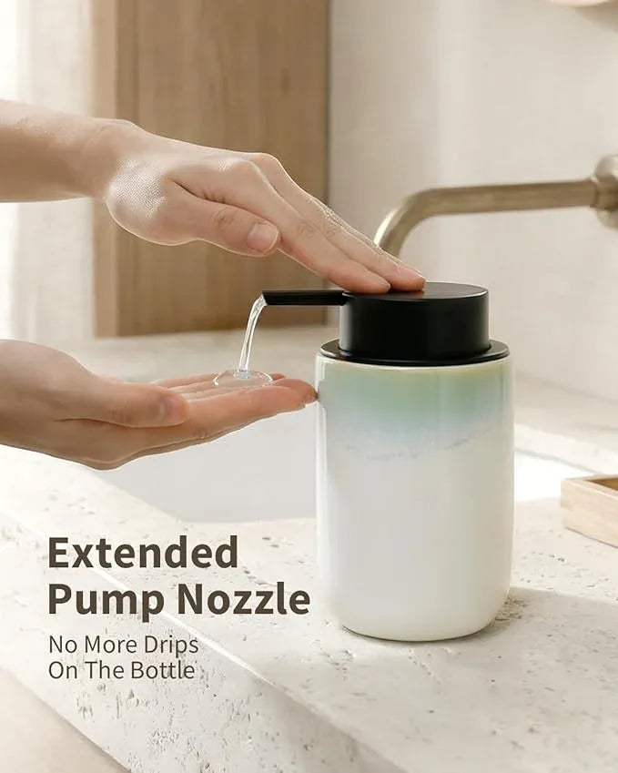 BosilunLife Hand Soap Dispenser - Foam Soap Dispenser Bathroom Ceramic Dish Liquid Soap Dispenser for Kitchen, Bathroom Countertop Soap Dispensers (White with Blue-Green Rim Liquid Pump) - ModernBath