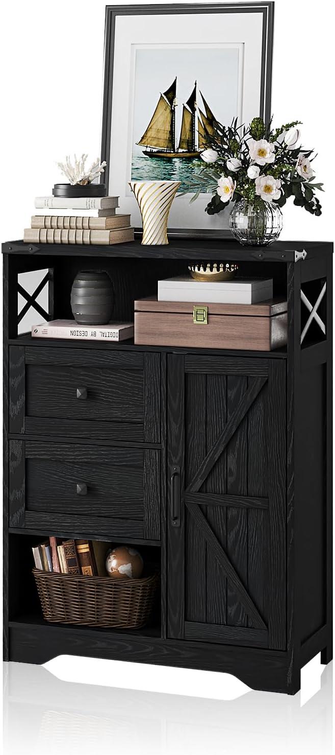 Fameill Farmhouse Storage Cabinet with 2 Drawers & Shelves,Freestanding Kitchen Cabinet with Doors,Floor Storage Organization for Living Room,Bathroom,Laundry,Black - ModernBath