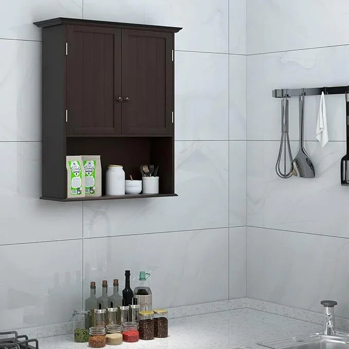 Tangkula Wall Mount Bathroom Cabinet Wooden Medicine Cabinet Storage Organizer with 2-Doors and 1-Shelf Cottage Collection Wall Cabinet (Espresso) - ModernBath